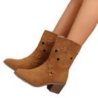 Brown Women's Western Cowboy Boots — Fae Cushioned Star Cutout Block Heel - Close Up Front Pair
