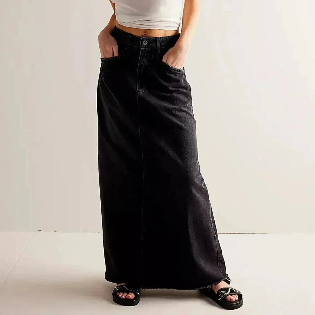 Black Women's High Waist Straight Denim Maxi Skirt — Beatrice Raw Hem Pockets Boho - Pockets Detail