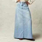 Blue Women's High Waist Straight Denim Maxi Skirt — Beatrice Raw Hem Pockets Boho - Front Full