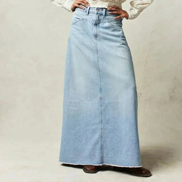 Blue Women's High Waist Straight Denim Maxi Skirt — Beatrice Raw Hem Pockets Boho - Front Full