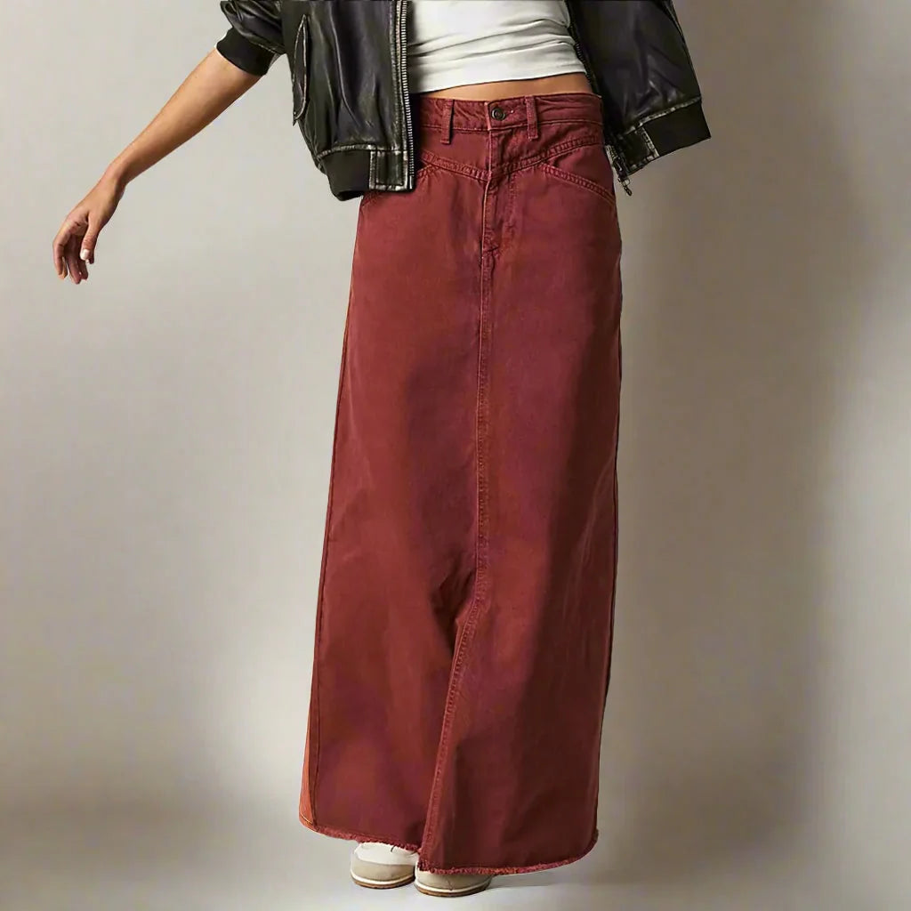 Red Women's High Waist Straight Denim Maxi Skirt — Beatrice Raw Hem Pockets Boho - Side Profile