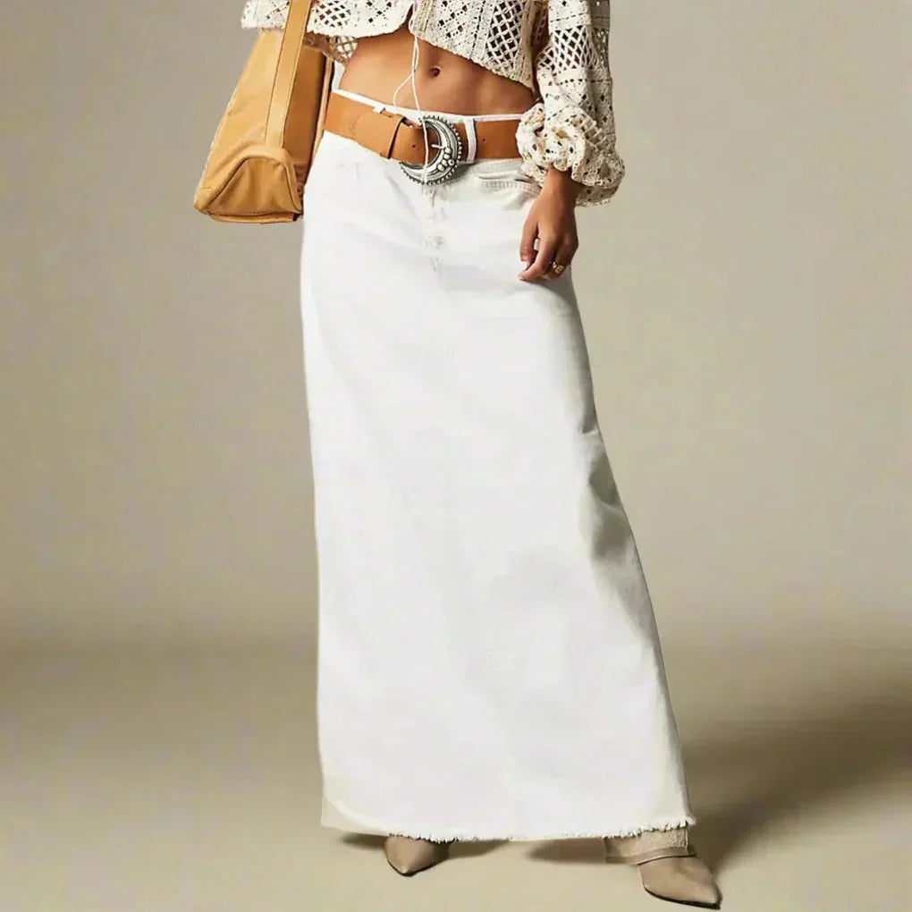 White Women's High Waist Straight Denim Maxi Skirt — Beatrice Raw Hem Pockets Boho - Front Bag Detail
