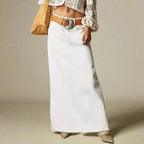 White Women's High Waist Straight Denim Maxi Skirt — Beatrice Raw Hem Pockets Boho - Front Bag Detail