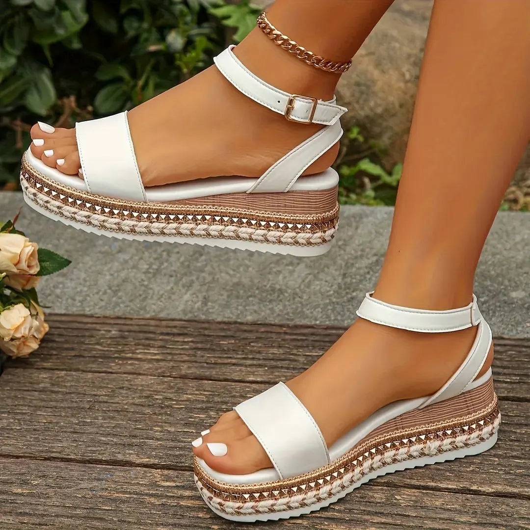 White Women's Strap Platform Sandals — Adelaide White Espadrille Wedge - Side Detail
