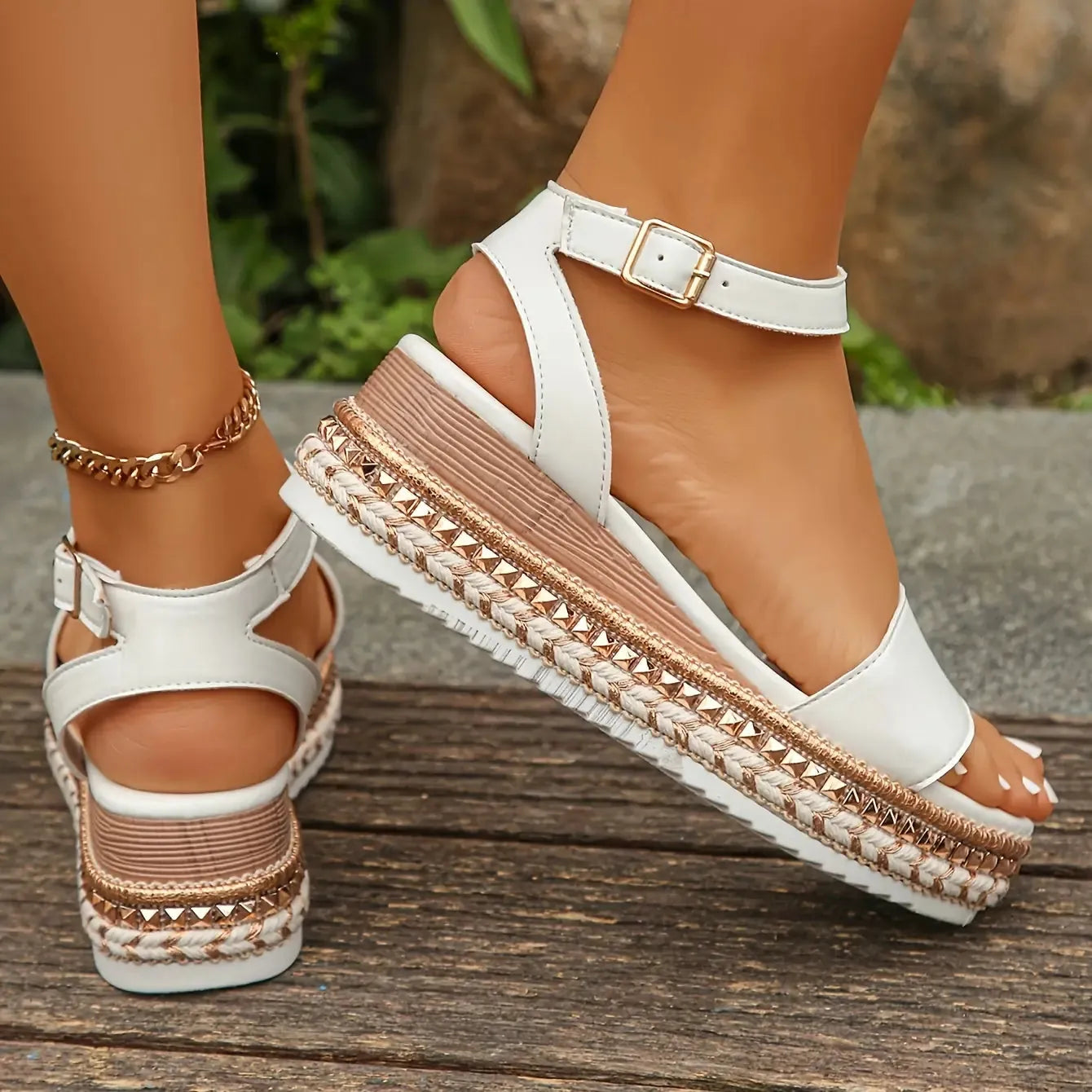 White Women's Strap Platform Sandals — Adelaide White Espadrille Wedge - Worn Lifestyle