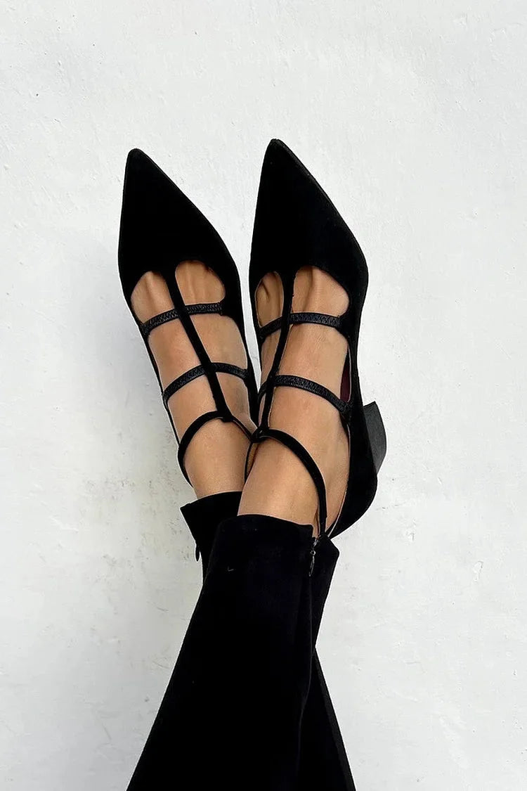 Black Women's Black Strappy Pointed Flats — Grace Cushioned Caged Ankle Strap - Worn Lifestyle