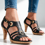 Black Women's Strappy Sandals with T-Strap Buckle & Cork Heel — Jada - Worn Close Up