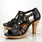 Black Women's Strappy Sandals with T-Strap Buckle & Cork Heel