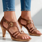 Brown Women's Strappy Sandals with T-Strap Buckle & Cork Heel — Jada - Worn Side Pose