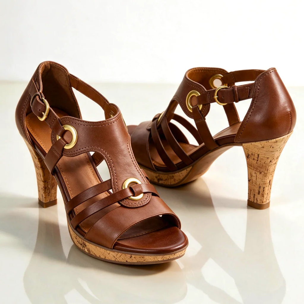 Brown Women's Strappy Sandals with T-Strap Buckle & Cork Heel