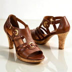 Brown Women's Strappy Sandals with T-Strap Buckle & Cork Heel