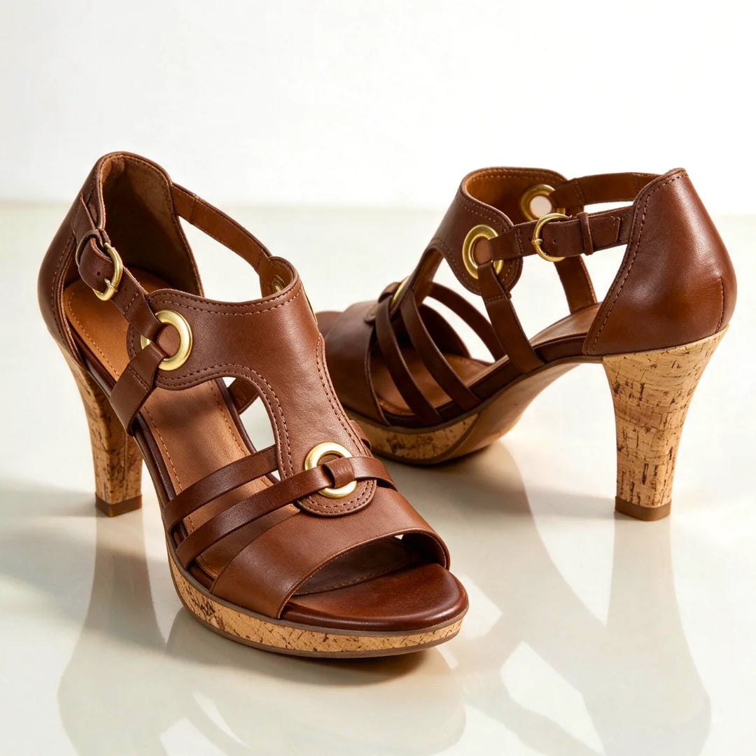 Brown Women's Strappy Sandals with T-Strap Buckle & Cork Heel