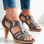 Gray Women's Strappy Sandals with T-Strap Buckle & Cork Heel — Jada - Worn Ankle Detail