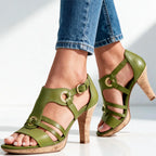 Green Women's Strappy Sandals with T-Strap Buckle & Cork Heel — Jada - Front Worn Detail