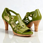 Green Women's Strappy Sandals with T-Strap Buckle & Cork Heel