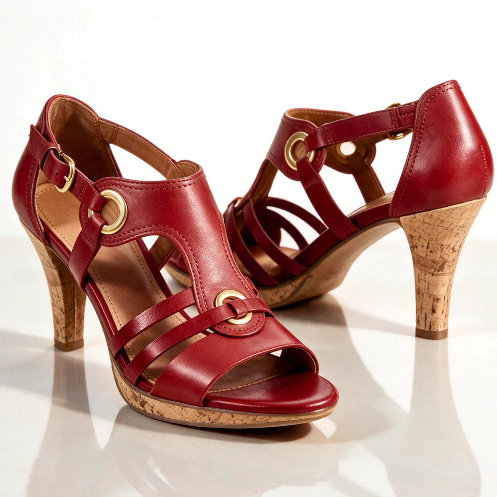 Red Women's Strappy Sandals with T-Strap Buckle & Cork Heel — Jada
