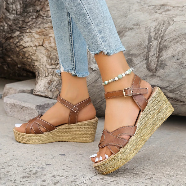 Clara | Strappy Wedge Sandals with Woven Platform