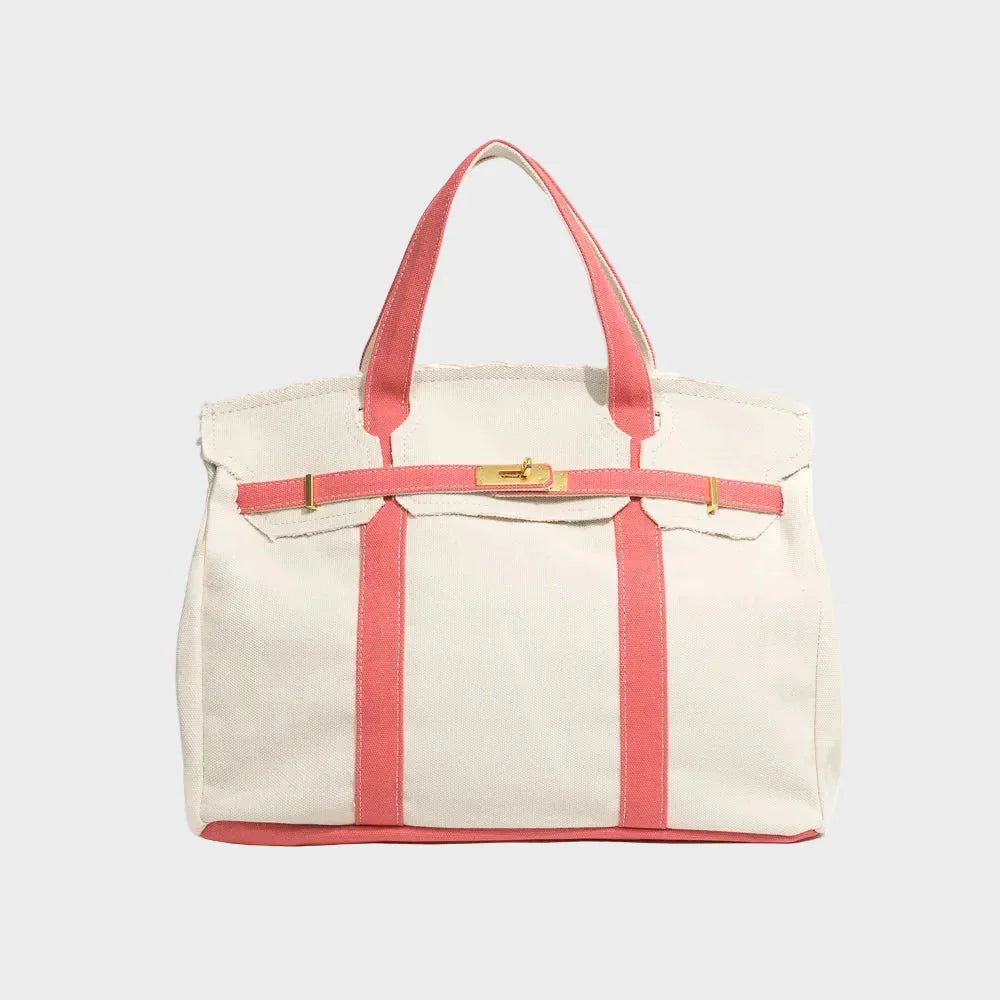 Lady Women's Structured Canvas Tote Handbag with Turn-Lock Closure — Francine - Pink