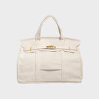 Linen Women's Structured Canvas Tote Handbag with Turn-Lock Closure — Francine - White