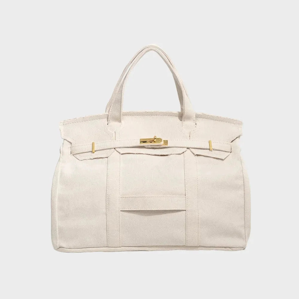 Linen Women's Structured Canvas Tote Handbag with Turn-Lock Closure — Francine - White