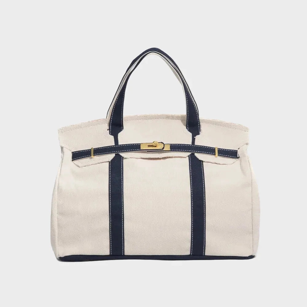 Navy Blue Women's Structured Canvas Tote Handbag with Turn-Lock Closure — Francine