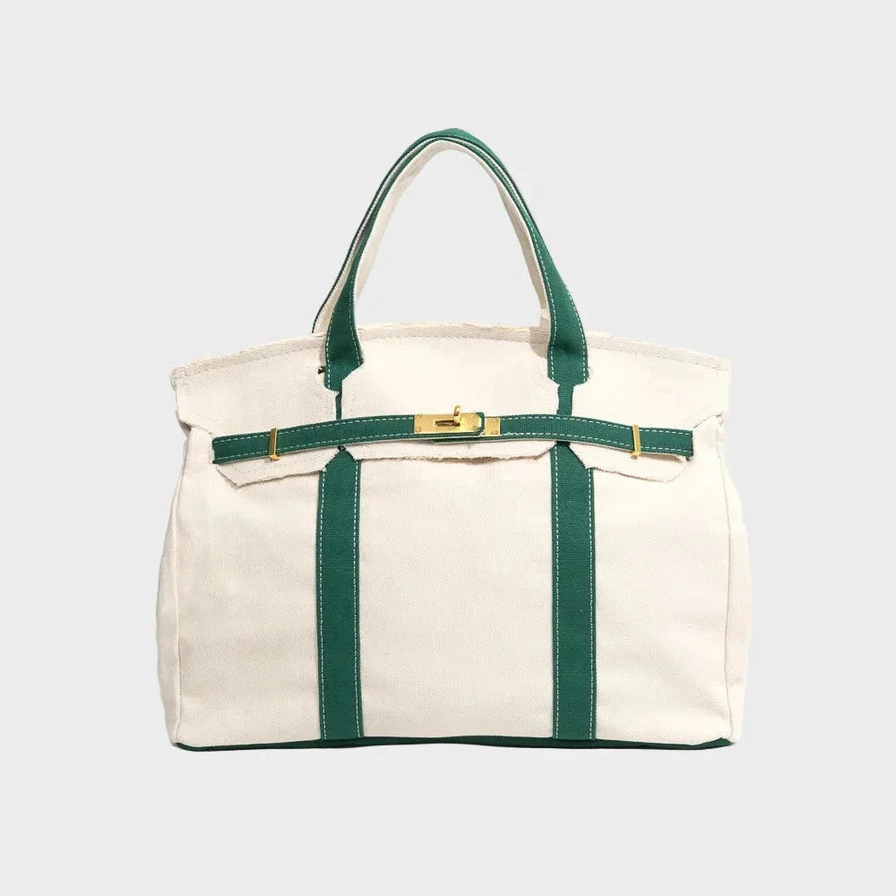 Racing Women's Structured Canvas Tote Handbag with Turn-Lock Closure — Francine - Green