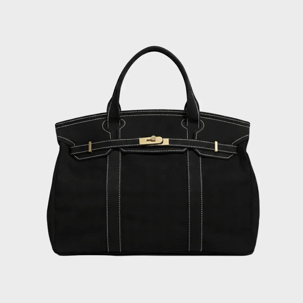 Solid Women's Structured Canvas Tote Handbag with Turn-Lock Closure — Francine - Black