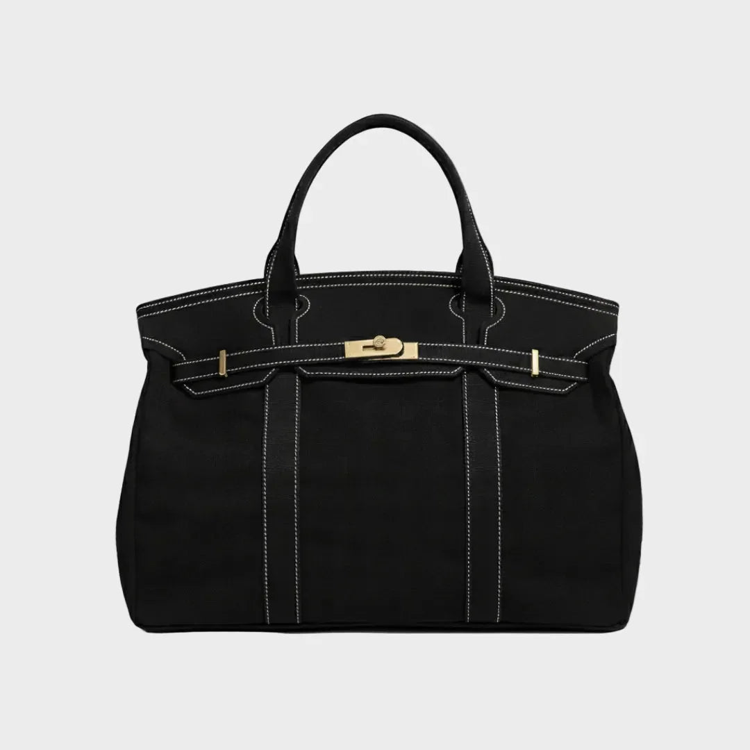 Solid Women's Structured Canvas Tote Handbag with Turn-Lock Closure — Francine - Black