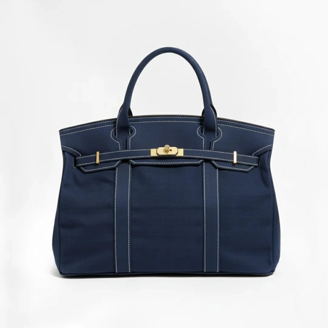 Solid Women's Structured Canvas Tote Handbag with Turn-Lock Closure — Francine - Navy Blue