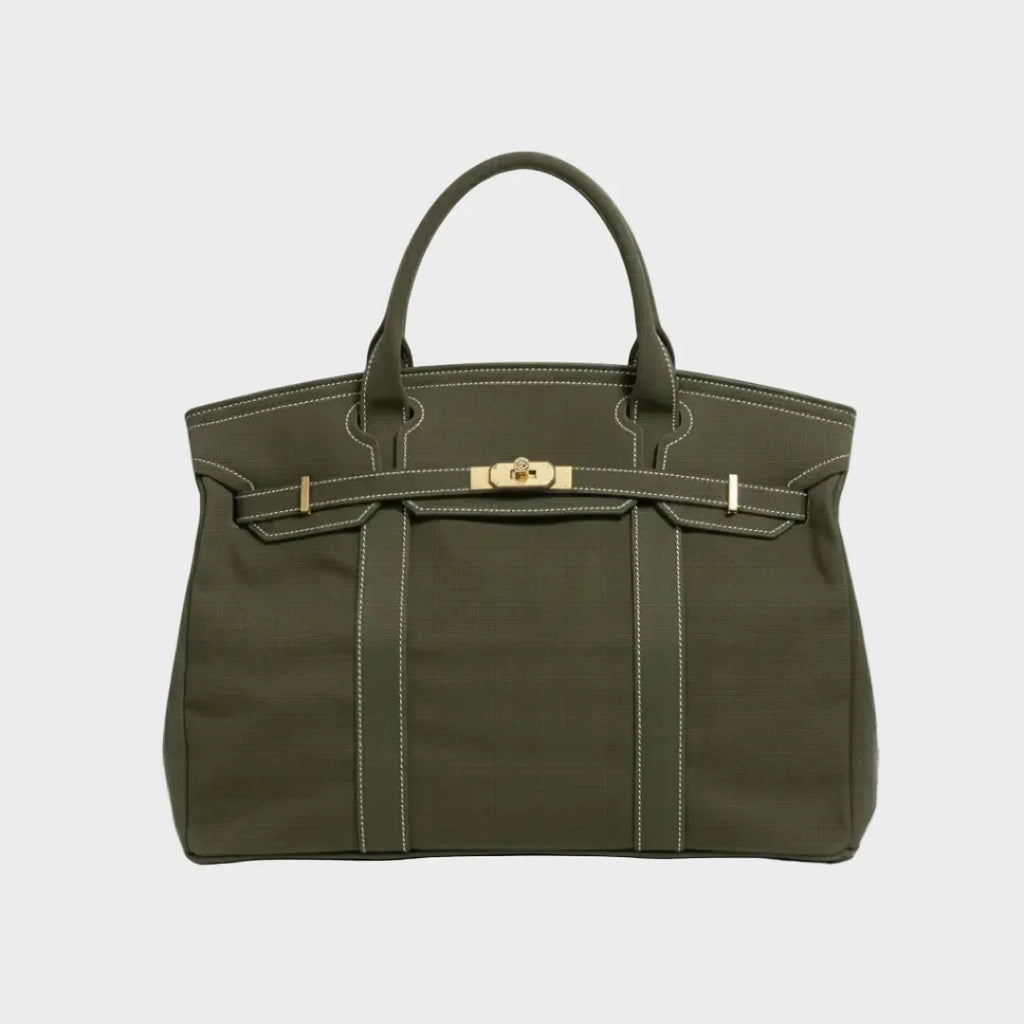 Solid Women's Structured Canvas Tote Handbag with Turn-Lock Closure — Francine - Olive Green
