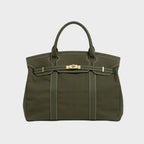 Solid Women's Structured Canvas Tote Handbag with Turn-Lock Closure — Francine - Olive Green