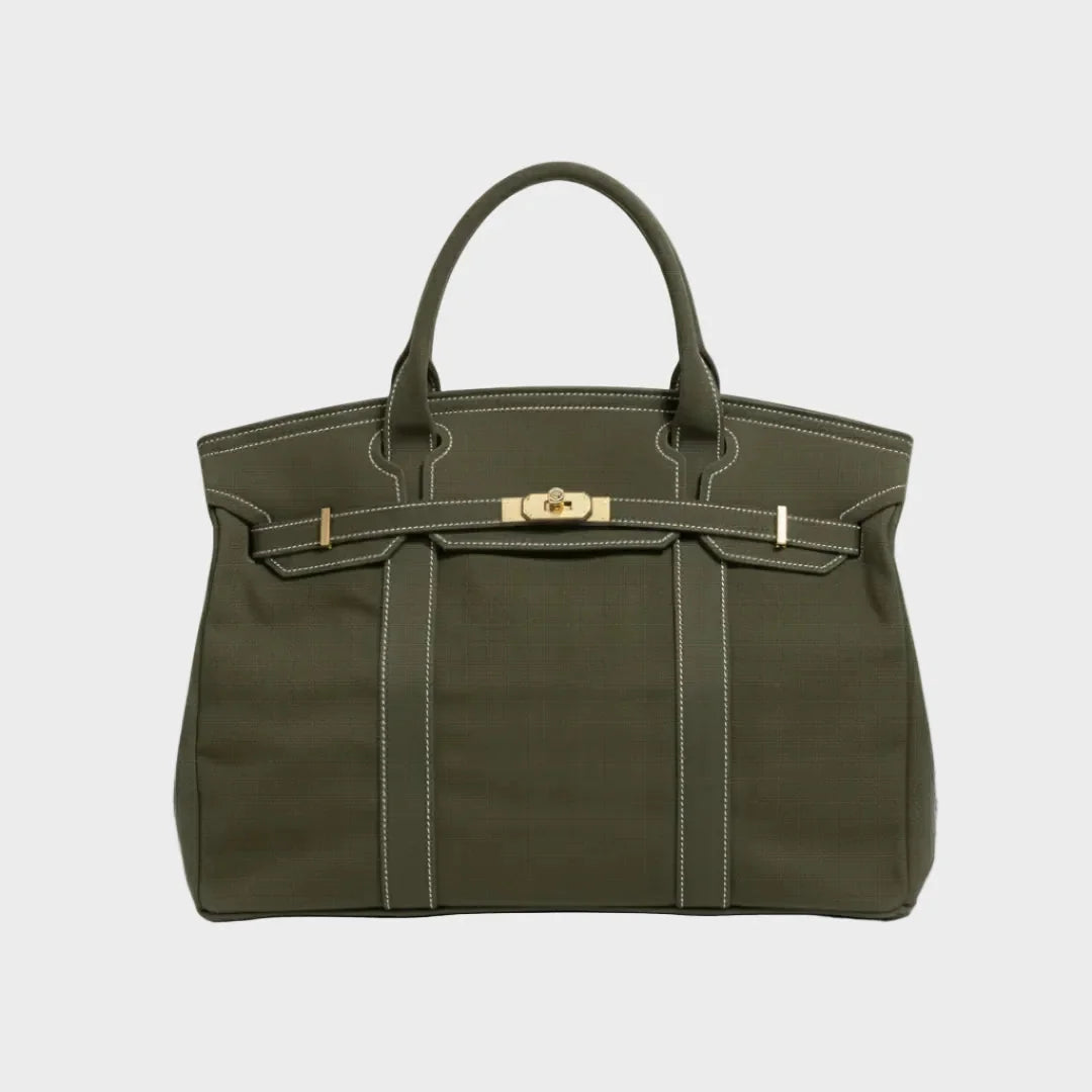 Solid Women's Structured Canvas Tote Handbag with Turn-Lock Closure — Francine - Olive Green