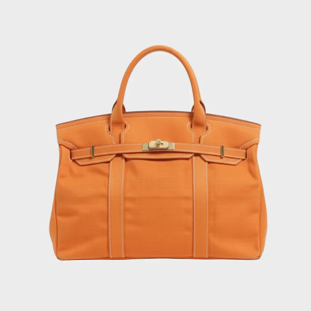 Solid Women's Structured Canvas Tote Handbag with Turn-Lock Closure — Francine - Orange