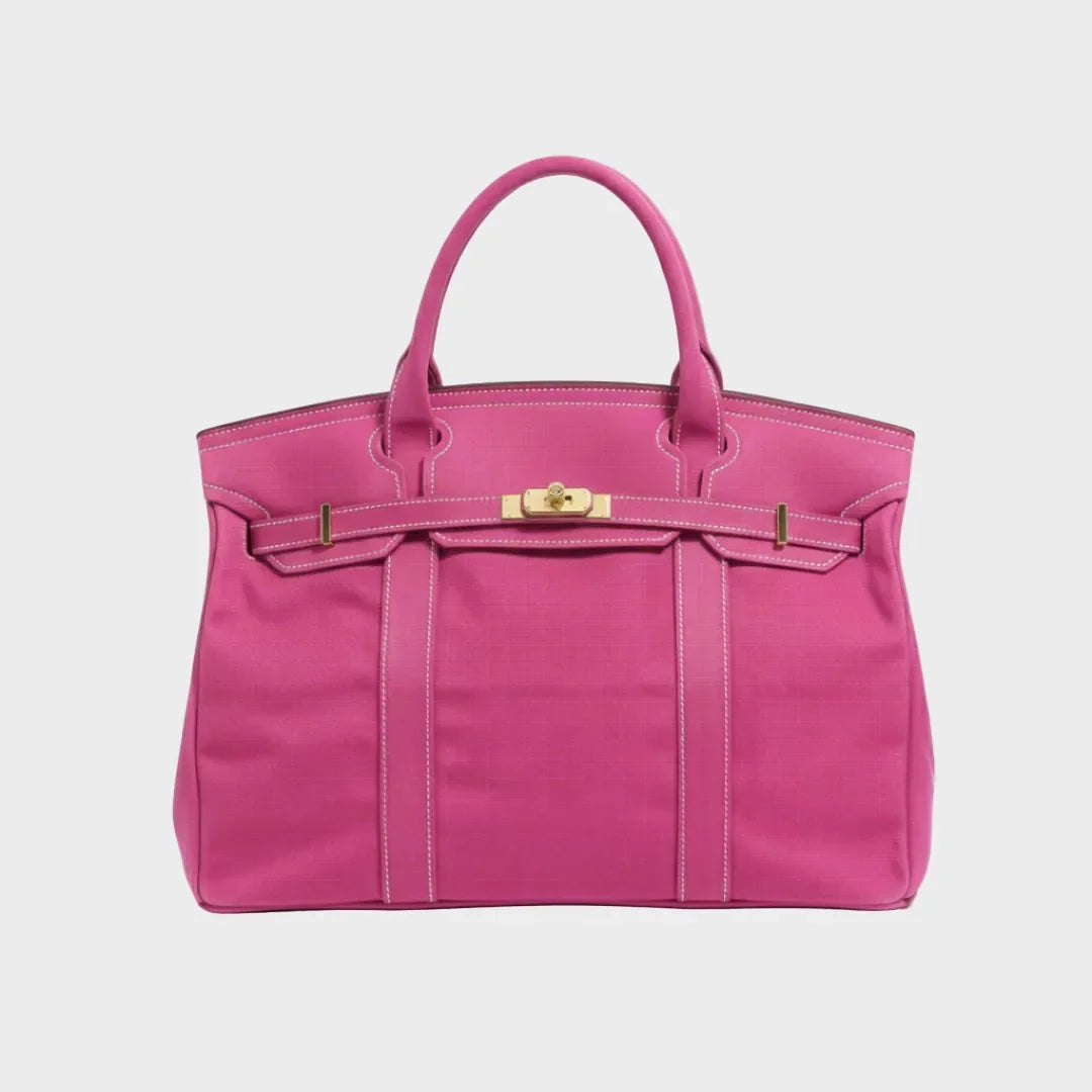 Solid Women's Structured Canvas Tote Handbag with Turn-Lock Closure — Francine - Pink
