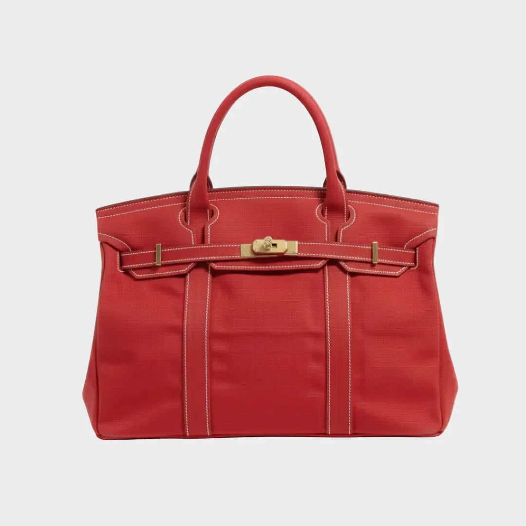 Solid Women's Structured Canvas Tote Handbag with Turn-Lock Closure — Francine - Red