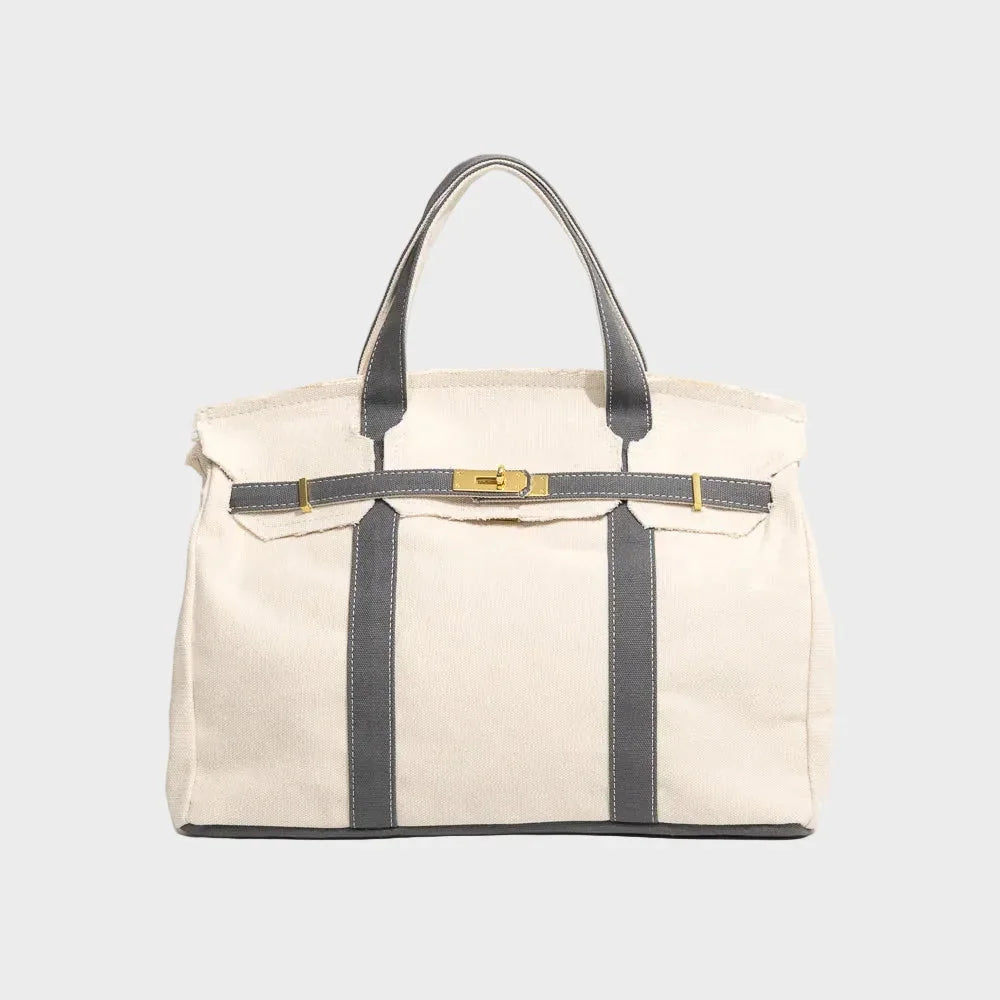 Washed Women's Structured Canvas Tote Handbag with Turn-Lock Closure — Francine - Grey