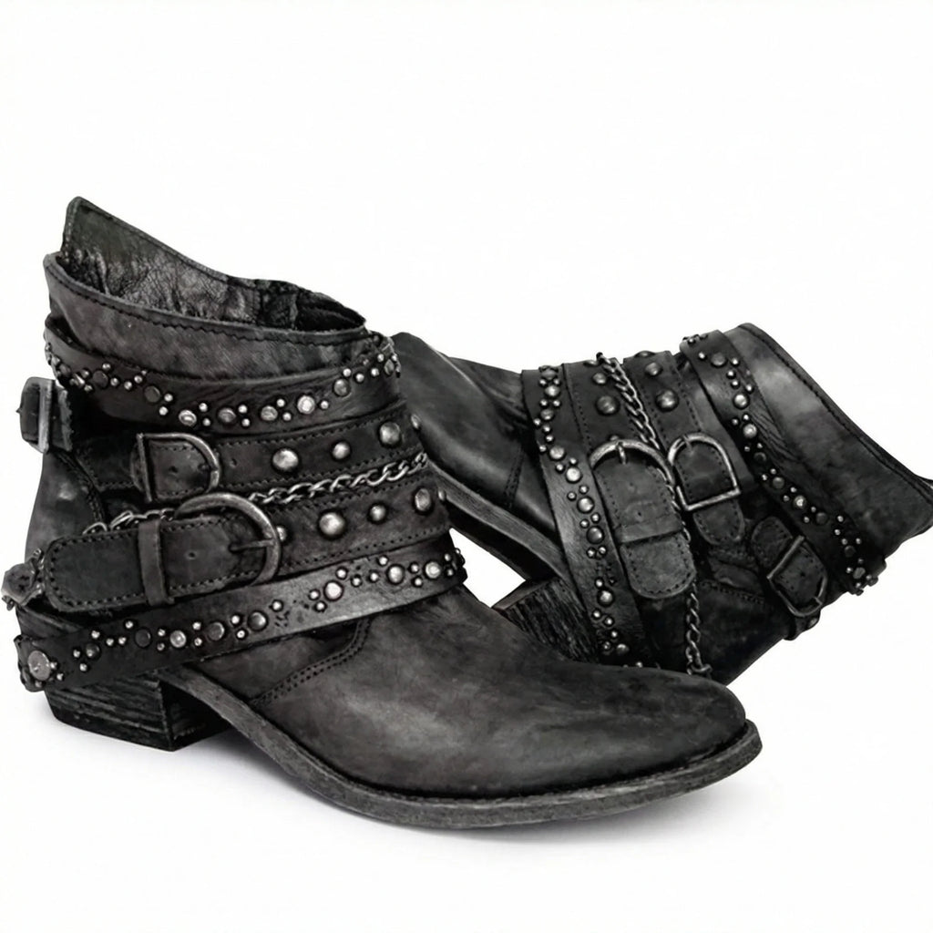 Black Women's Studded Ankle Boots with Buckle Straps & Comfortable Block Heel — Heidi