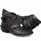 Black Women's Studded Ankle Boots with Buckle Straps & Comfortable Block Heel — Heidi