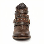 Women's Studded Ankle Boots with Buckle Straps & Comfortable Block Heel - Front Close Up