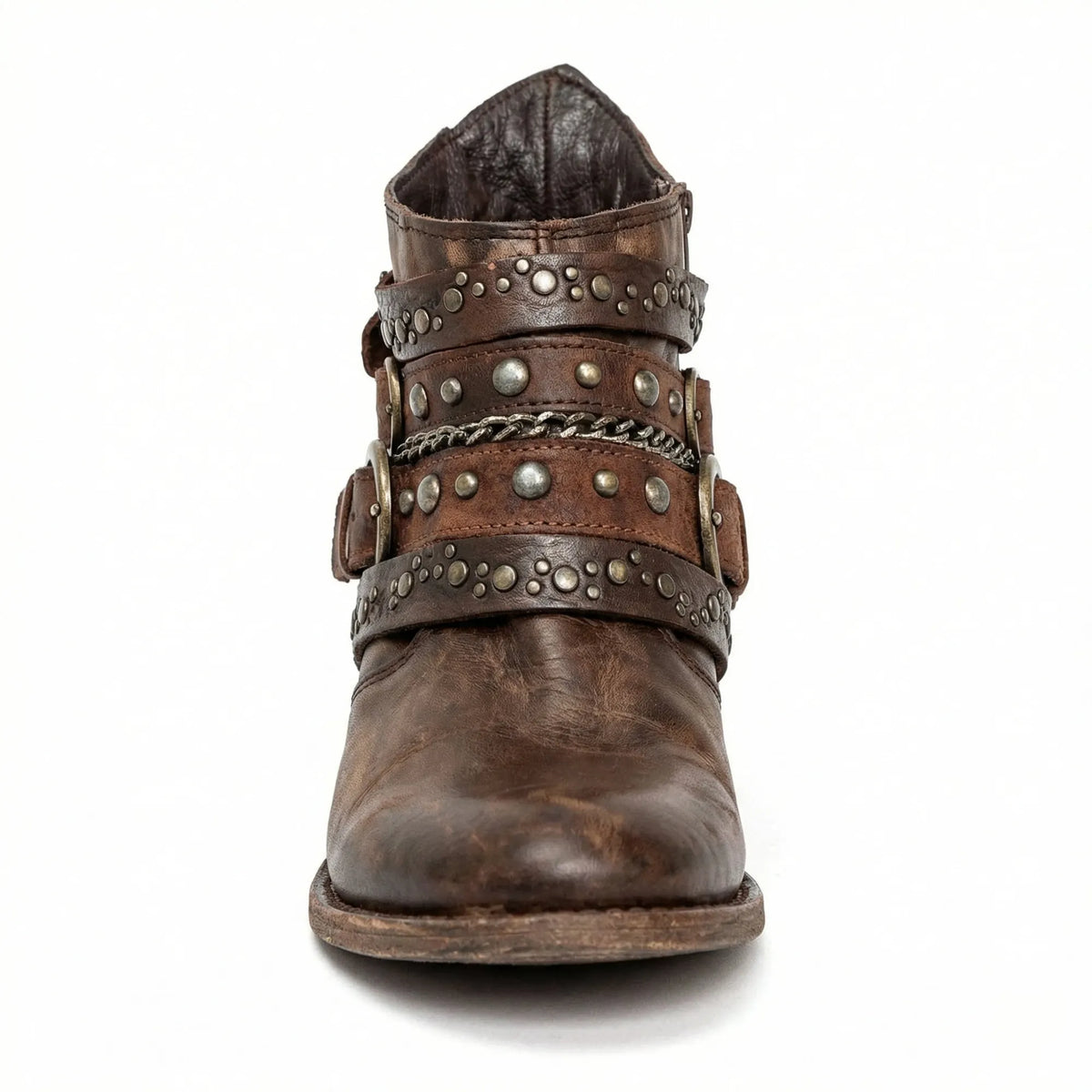 Women's Studded Ankle Boots with Buckle Straps & Comfortable Block Heel - Front Close Up