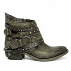 Green Women's Studded Ankle Boots with Buckle Straps & Comfortable Block Heel — Heidi