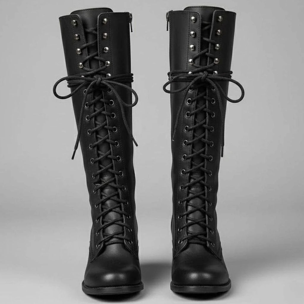 Black Women's Studded Knee High Boots with Lace-Up Front & Block Heel - Front Full