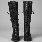 Black Women's Studded Knee High Boots with Lace-Up Front & Block Heel - Front Full