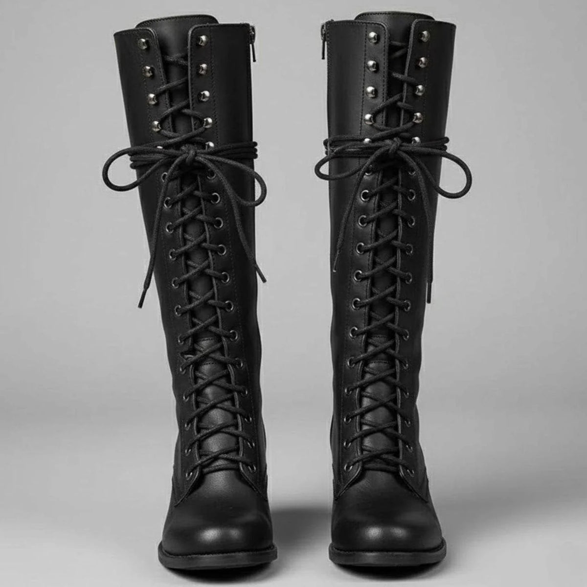Black Women's Studded Knee High Boots with Lace-Up Front & Block Heel - Front Full