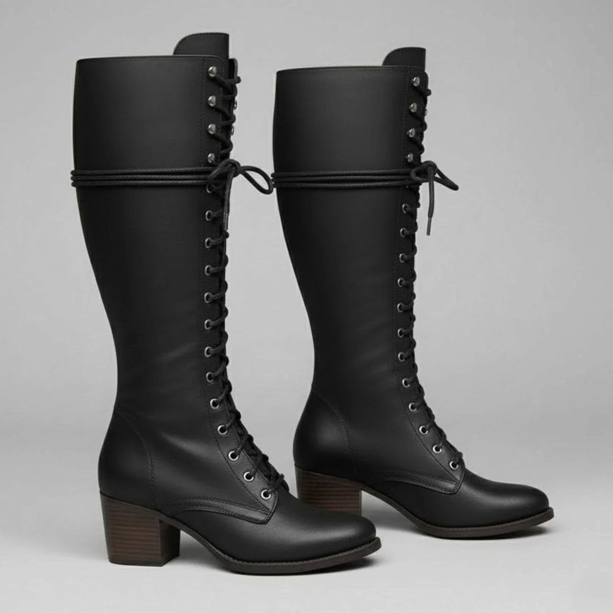 Women's Studded Knee High Boots with Lace-Up Front & Block Heel - Side Pair Standing