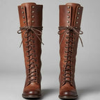 Brown Women's Studded Knee High Boots with Lace-Up Front & Block Heel - Front Full