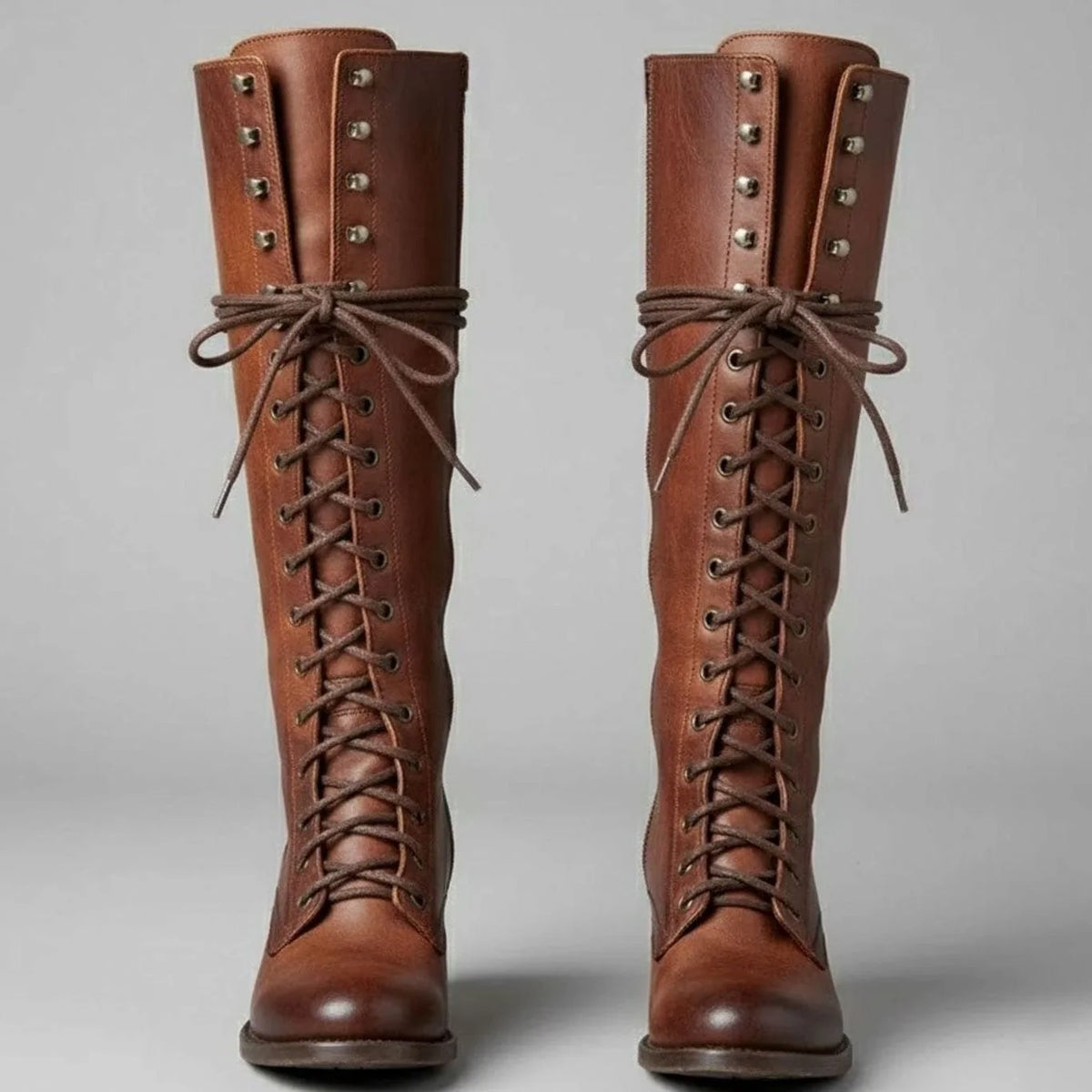 Brown Women's Studded Knee High Boots with Lace-Up Front & Block Heel - Front Full