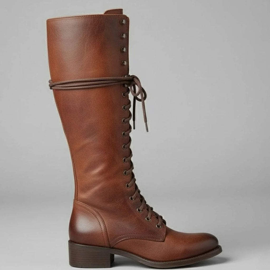 Women's Studded Knee High Boots with Lace-Up Front & Block Heel - Side Single Boot
