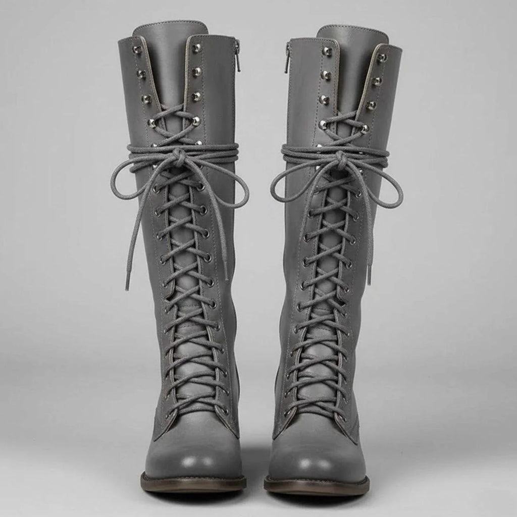 Grey Women's Studded Knee High Boots with Lace-Up Front & Block Heel - Front Full