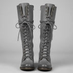 Grey Women's Studded Knee High Boots with Lace-Up Front & Block Heel - Front Full